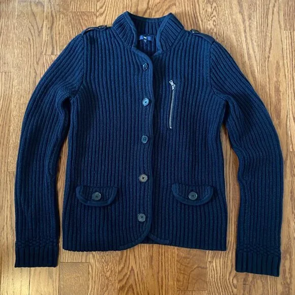 GAP Navy Marine Blue Cotton Chunky Knit Sweater Cardigan Jacket Ribbed Fisherman - Picture 9 of 9